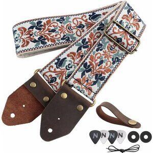 Jacquard embroidery guitar strap with leather ends adjustable for acoustic elect